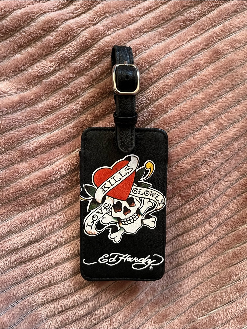 Ed Hardy Black Leather Skull & Heart Luggage Tag with Red Heart Accent